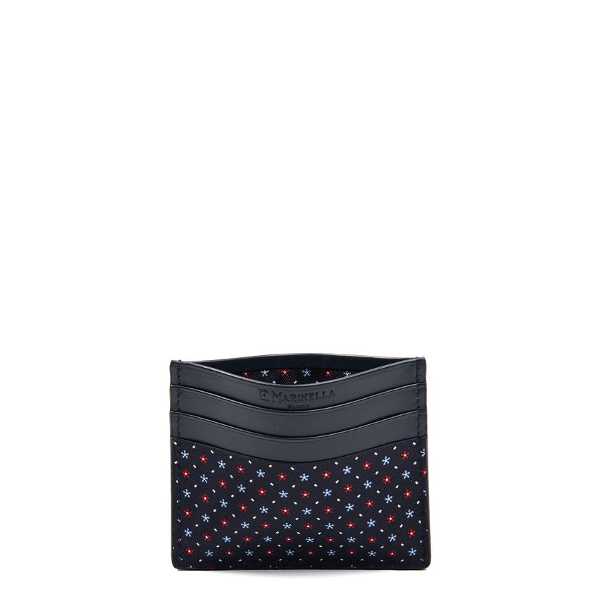 DARK BLUE LEATHER AND SILK CREDIT CARD HOLDER