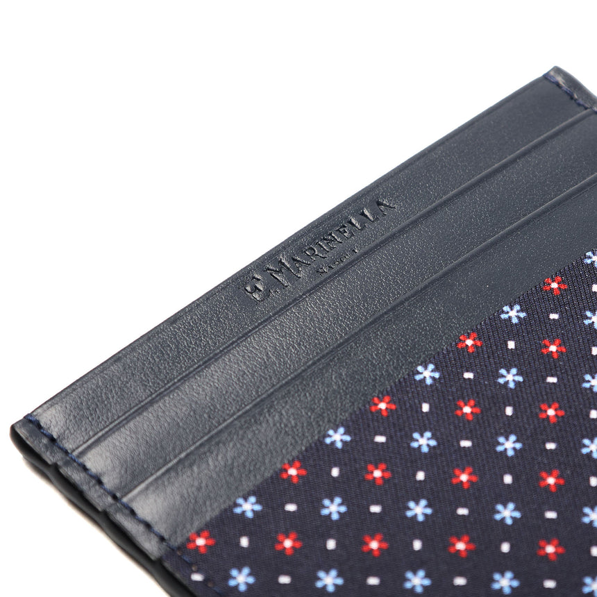 DARK BLUE LEATHER AND SILK CREDIT CARD HOLDER