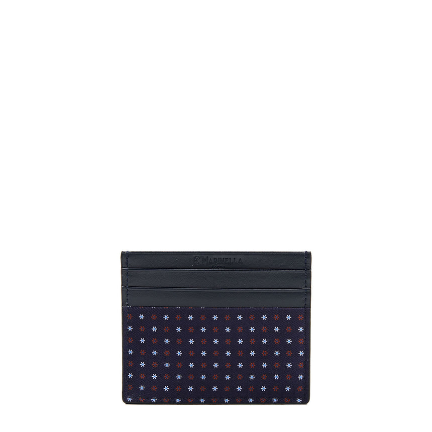 DARK BLUE LEATHER AND SILK CREDIT CARD HOLDER