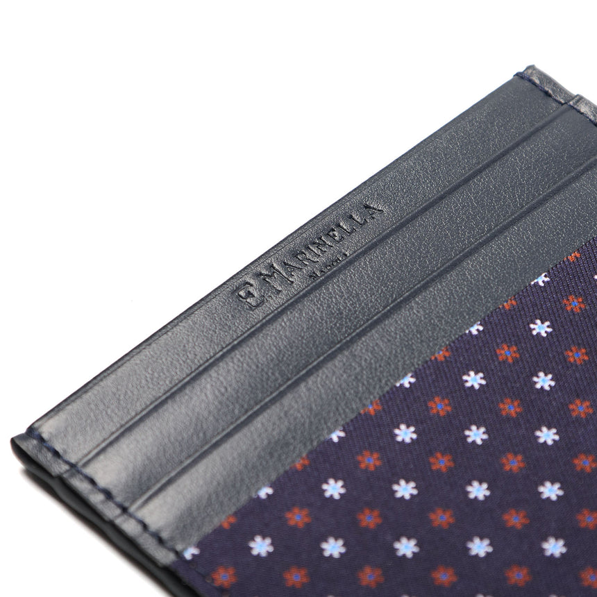 DARK BLUE LEATHER AND SILK CREDIT CARD HOLDER