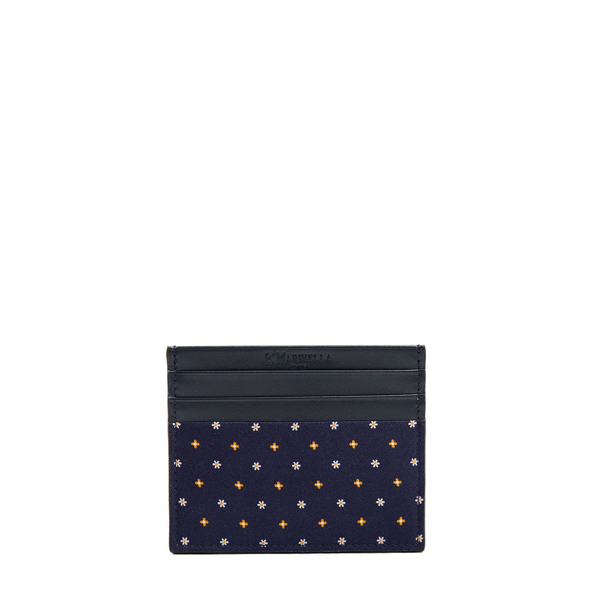 DARK BLUE LEATHER AND SILK CREDIT CARD HOLDER