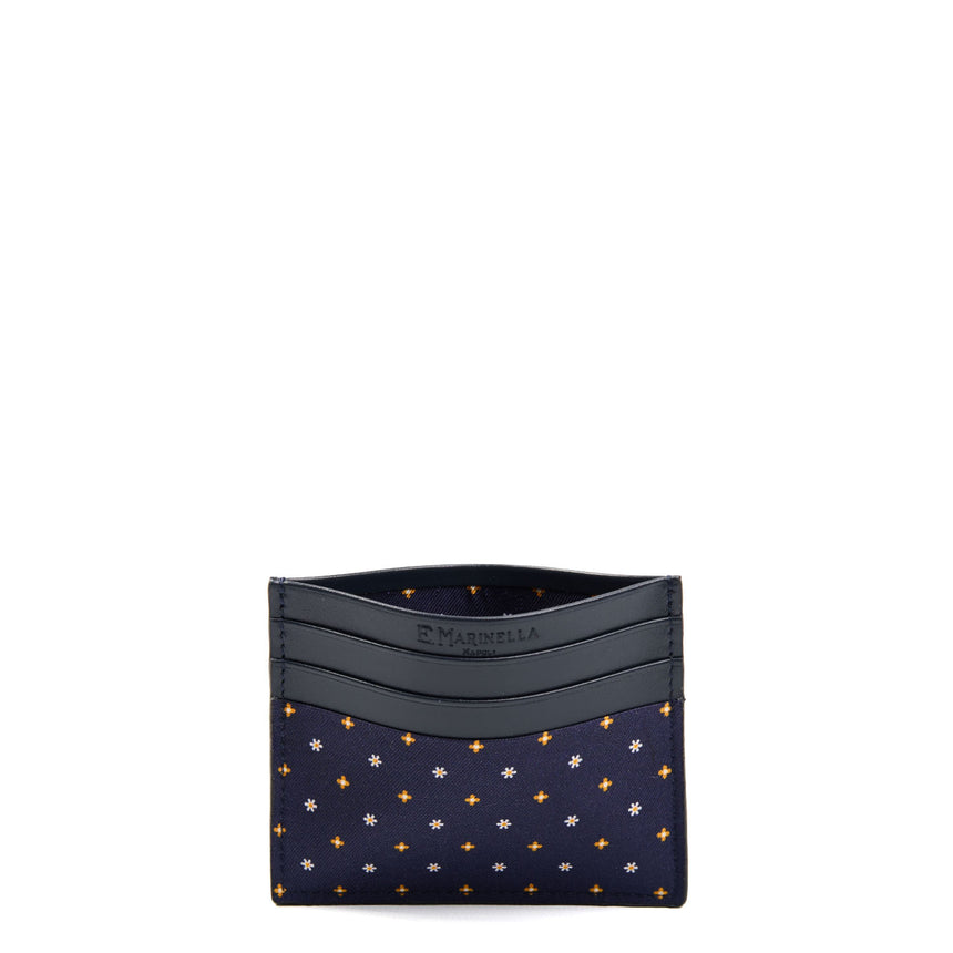 DARK BLUE LEATHER AND SILK CREDIT CARD HOLDER