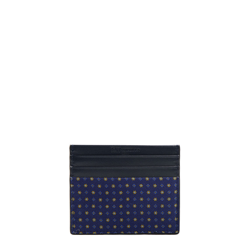 PORTACARTE DI CREDITO SETA E PELLE BLU SCURO