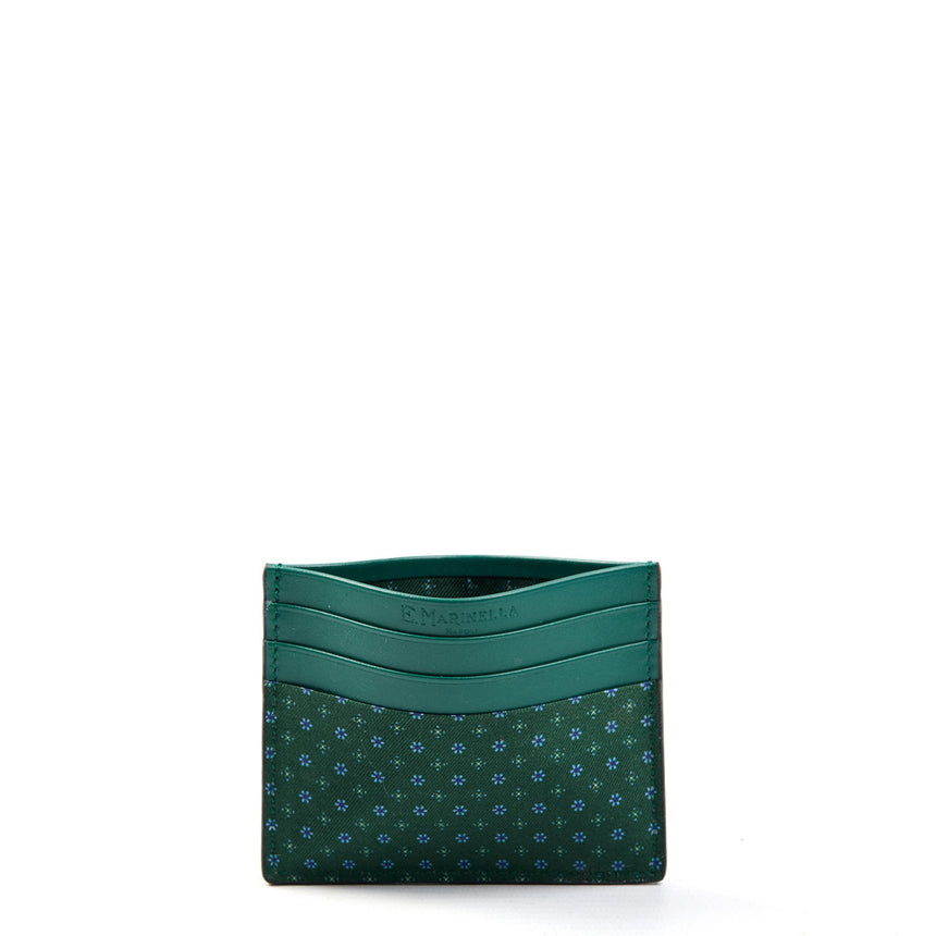 DARK GREEN LEATHER AND SILK CREDIT CARD HOLDER