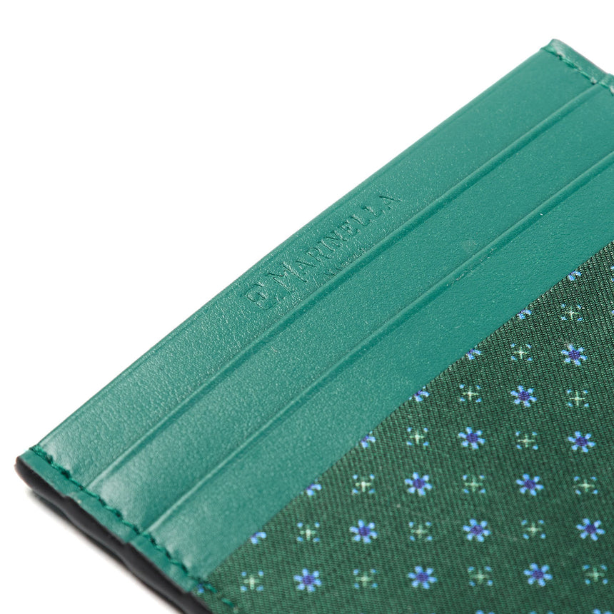 DARK GREEN LEATHER AND SILK CREDIT CARD HOLDER
