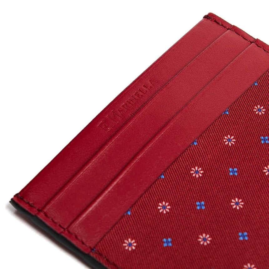 BURGUNDY LEATHER AND SILK CREDIT CARD HOLDER