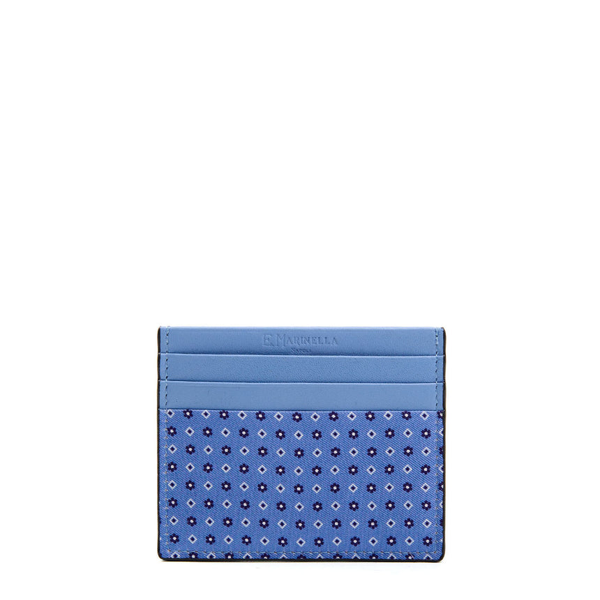 LIGHT BLUE LEATHER AND SILK CREDIT CARD HOLDER