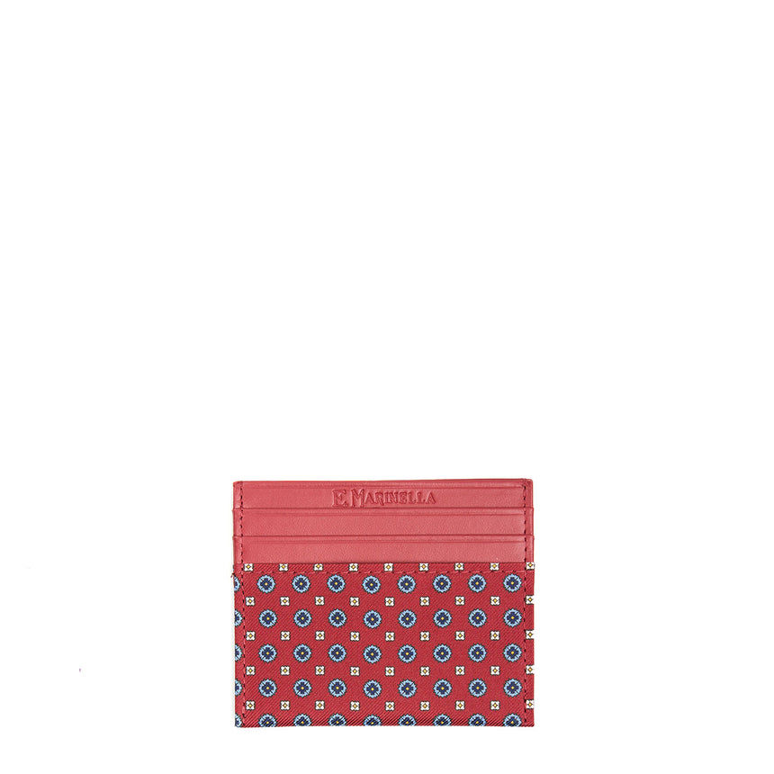 BURGUNDY LEATHER AND SILK CREDIT CARD HOLDER