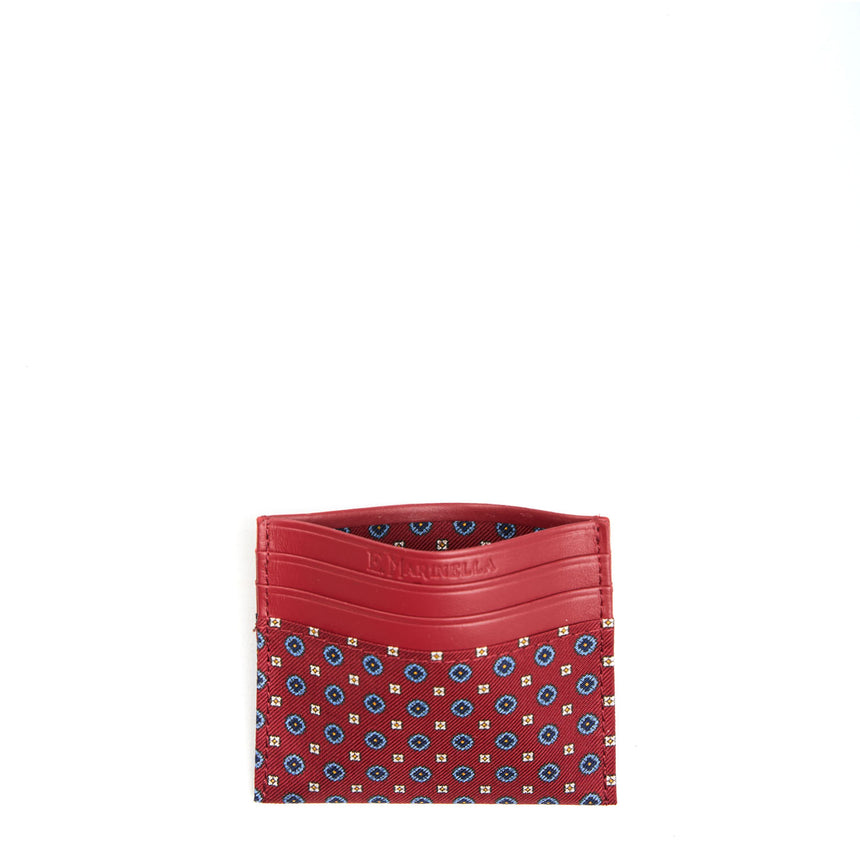 BURGUNDY LEATHER AND SILK CREDIT CARD HOLDER