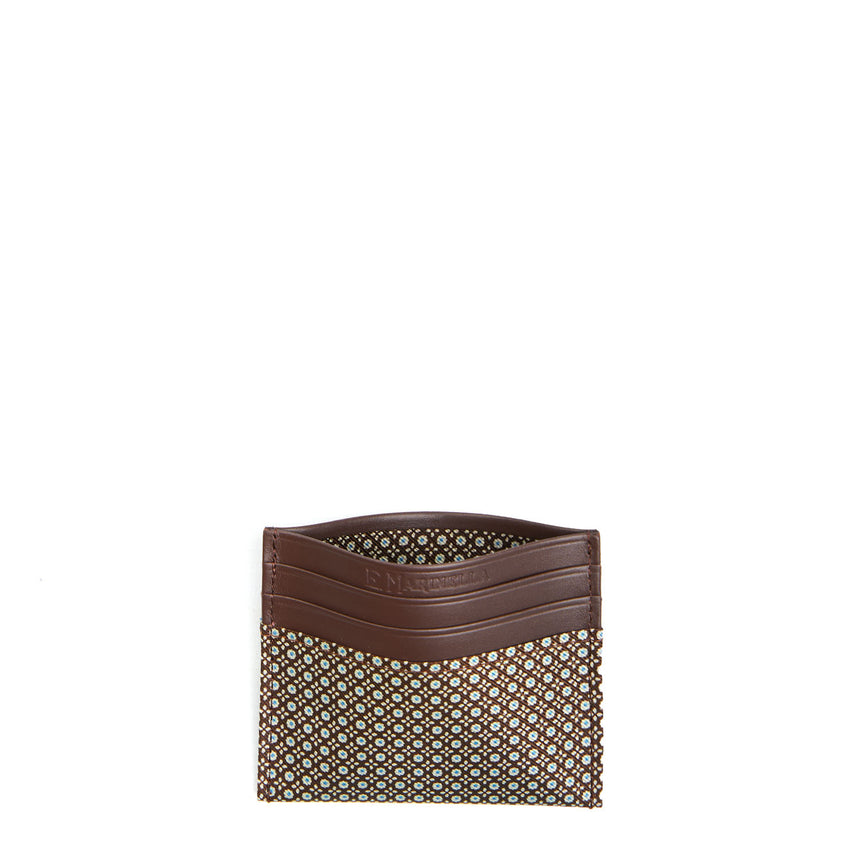 DARK BROWN LEATHER AND SILK CREDIT CARD HOLDER