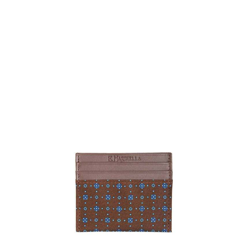 DARK BROWN LEATHER AND SILK CREDIT CARD HOLDER