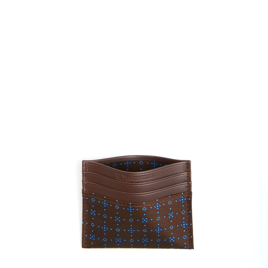 DARK BROWN LEATHER AND SILK CREDIT CARD HOLDER