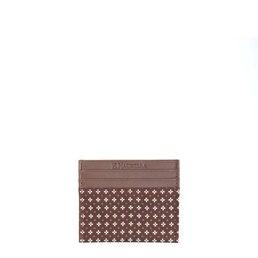 DARK BROWN LEATHER AND SILK CREDIT CARD HOLDER