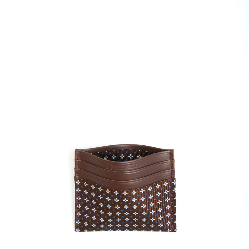 DARK BROWN LEATHER AND SILK CREDIT CARD HOLDER