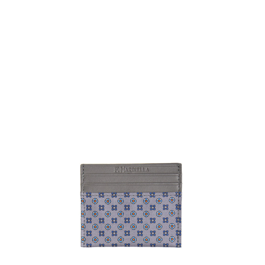 DARK GREY LEATHER AND SILK CREDIT CARD HOLDER