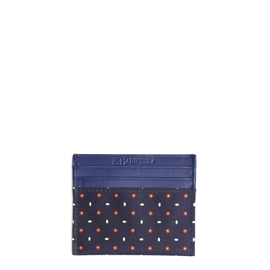 DARK BLUE LEATHER AND SILK CREDIT CARD HOLDER