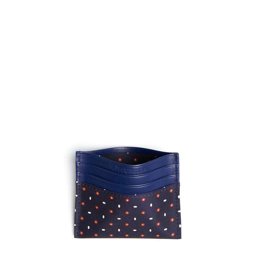 DARK BLUE LEATHER AND SILK CREDIT CARD HOLDER