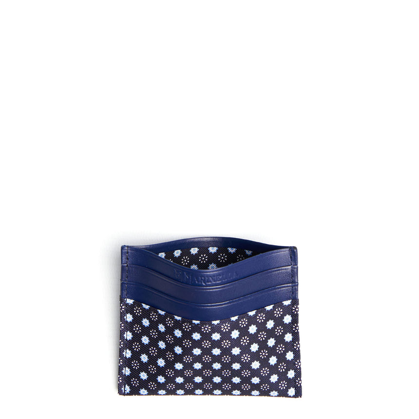 DARK BLUE LEATHER AND SILK CREDIT CARD HOLDER