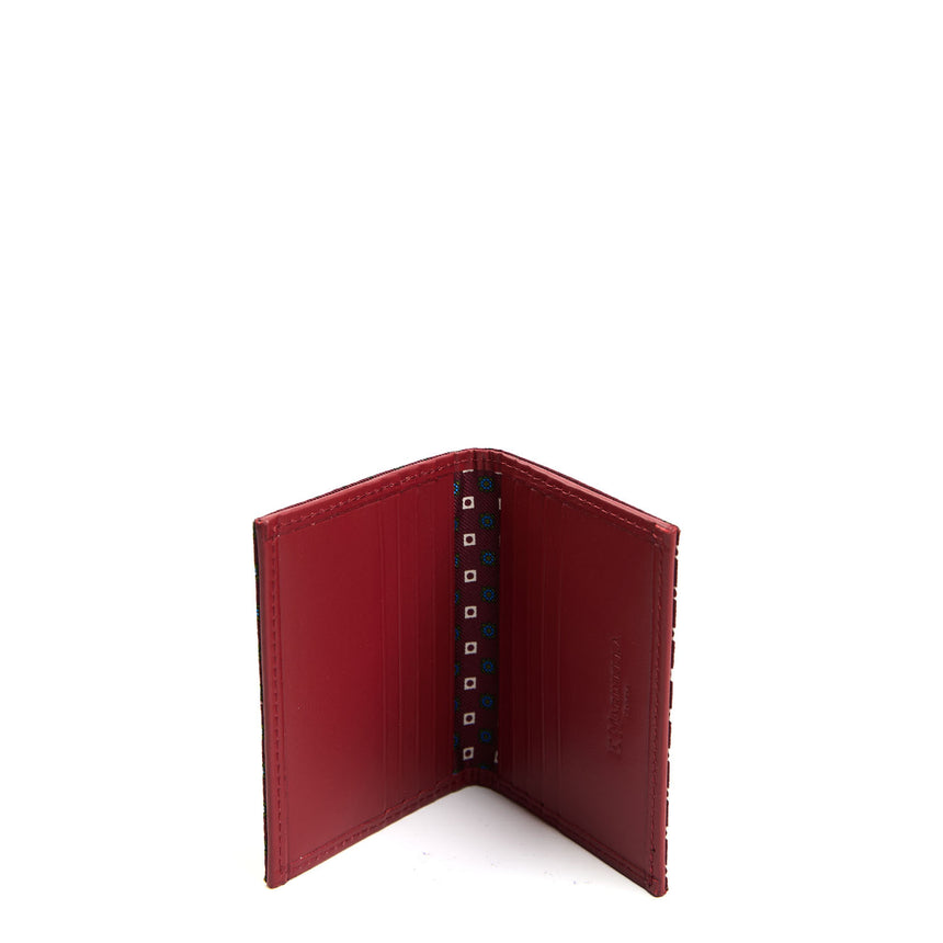 BURGUNDY SILK AND LEATHER FOLDING CARD HOLDER