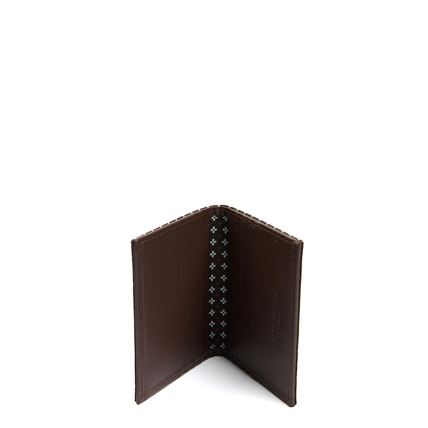 DARK BROWN SILK AND LEATHER FOLDING CARD HOLDER