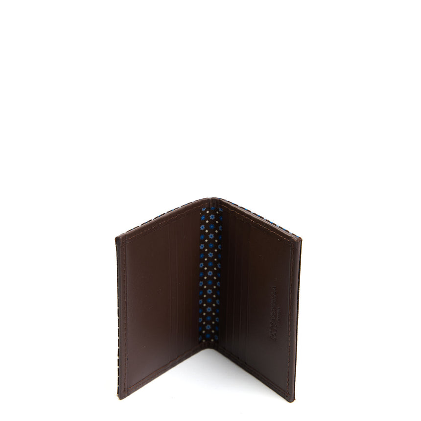 DARK BROWN SILK AND LEATHER FOLDING CARD HOLDER