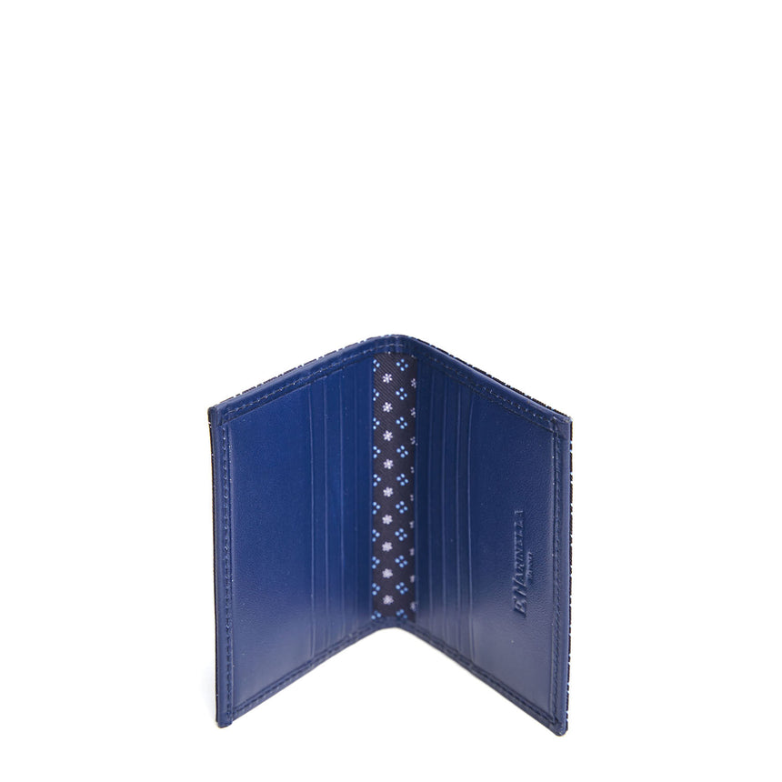 BLUE SILK AND LEATHER FOLDING CARD HOLDER