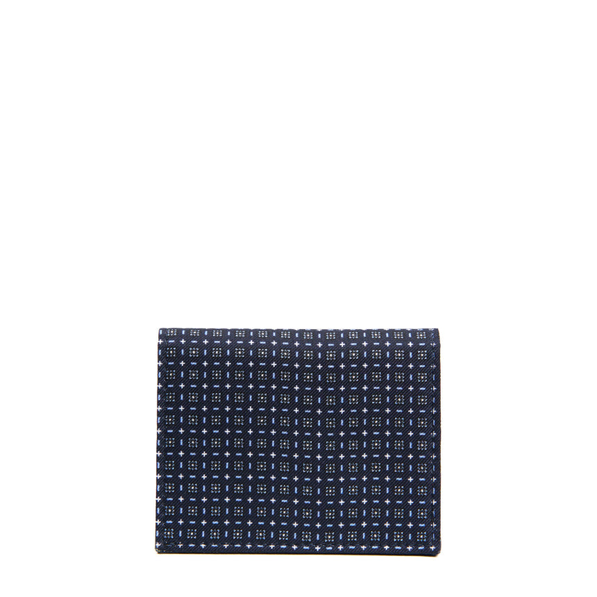 DARK BLUE SILK AND LEATHER FOLDING CARD HOLDER