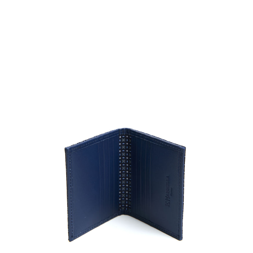 DARK BLUE SILK AND LEATHER FOLDING CARD HOLDER