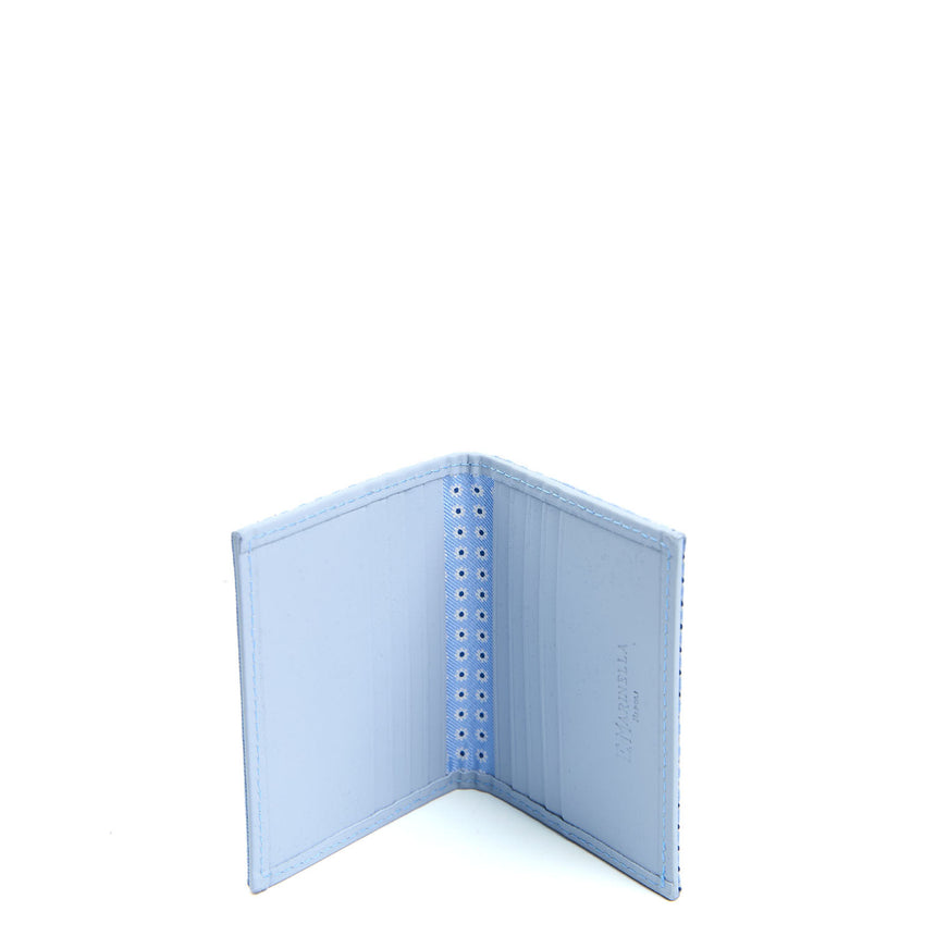LIGHT BLUE SILK AND LEATHER FOLDING CARD HOLDER