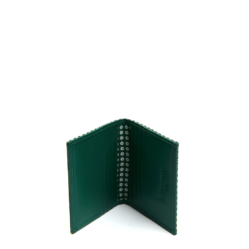 DARK GREEN SILK AND LEATHER FOLDING CARD HOLDER