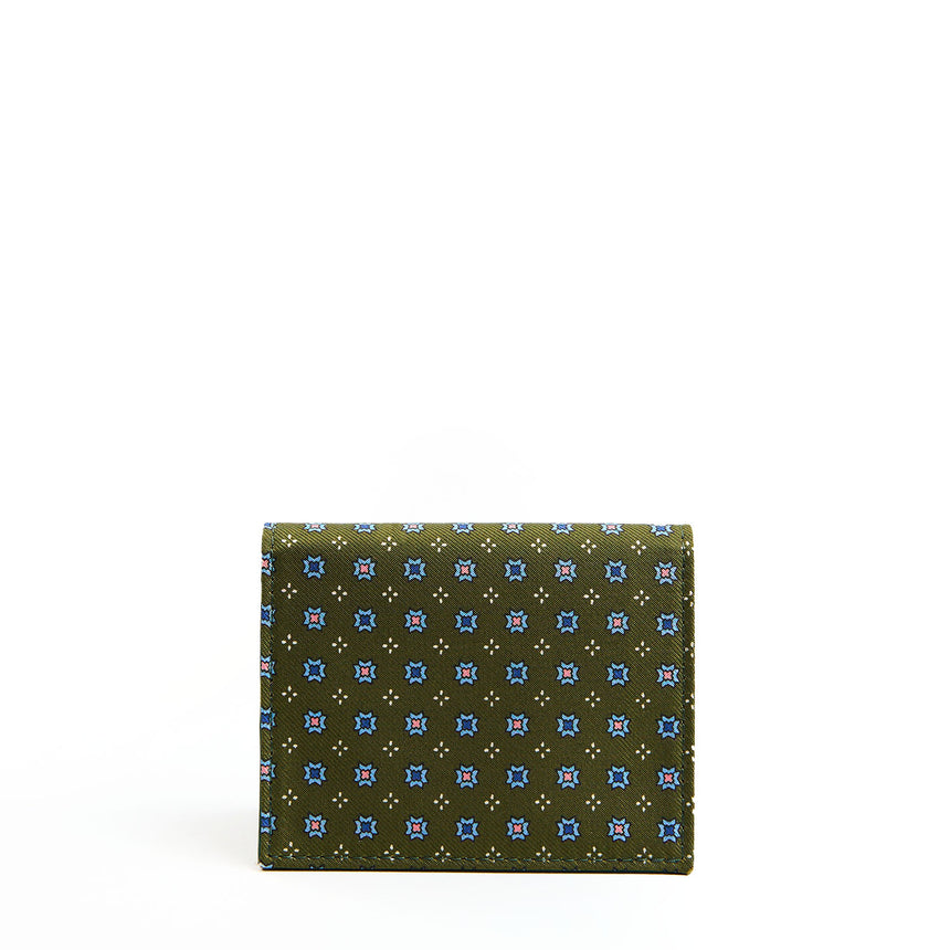DARK GREEN SILK AND LEATHER FOLDING CARD HOLDER