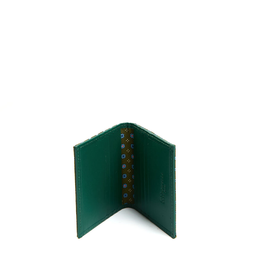 DARK GREEN SILK AND LEATHER FOLDING CARD HOLDER