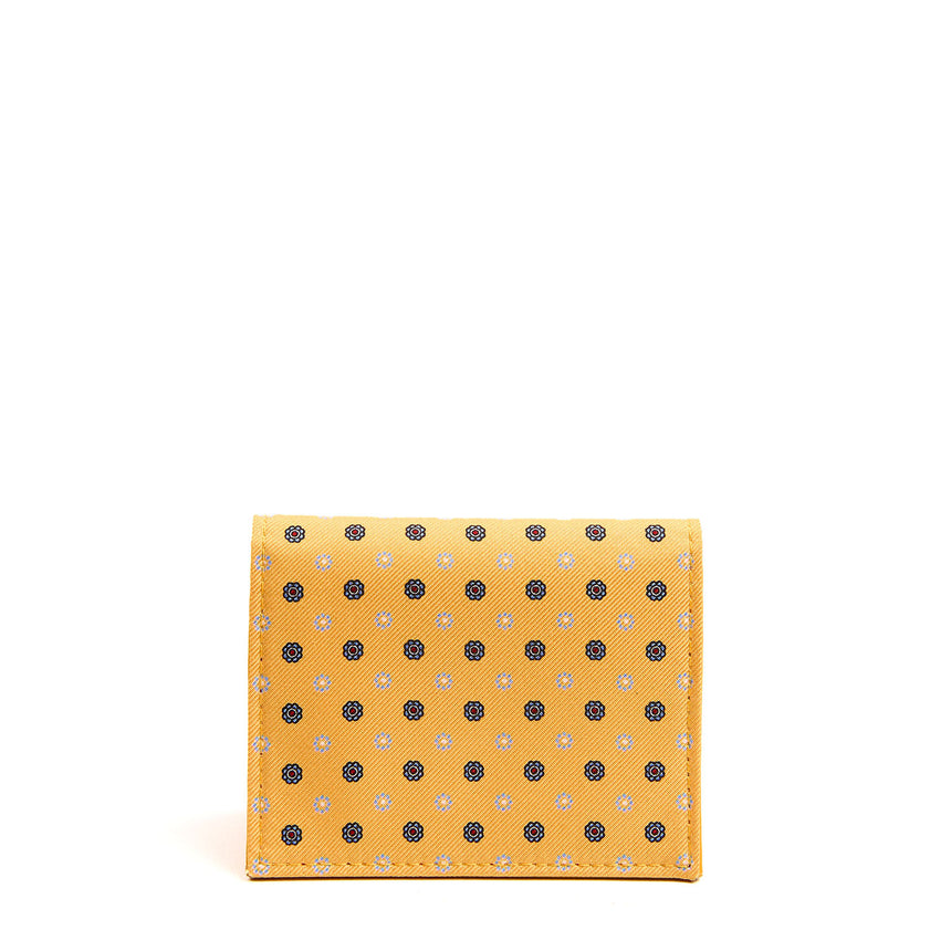 YELLOW SILK AND LEATHER FOLDING CARD HOLDER