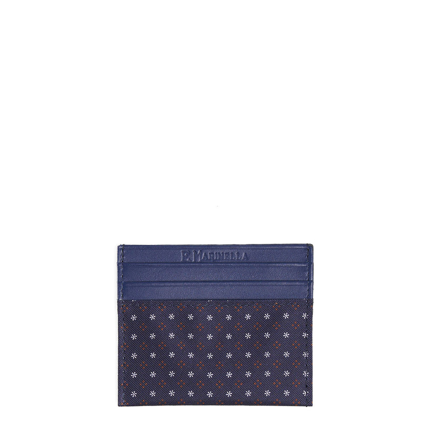 DARK BLUE LEATHER AND SILK CREDIT CARD HOLDER