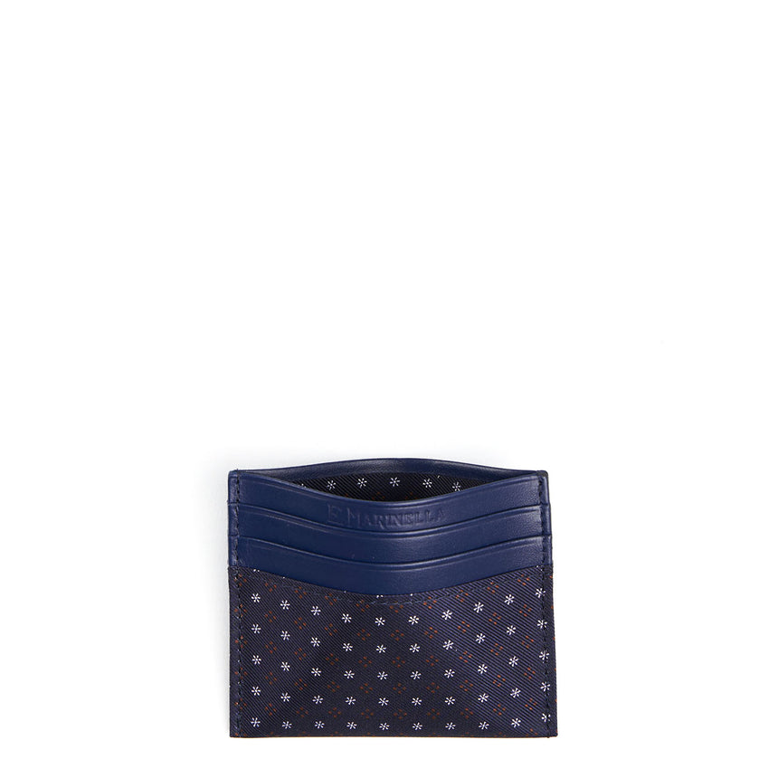 DARK BLUE LEATHER AND SILK CREDIT CARD HOLDER