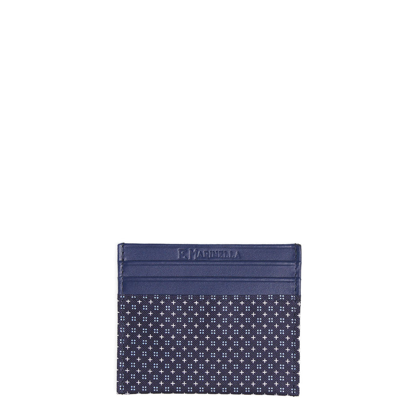 DARK BLUE LEATHER AND SILK CREDIT CARD HOLDER