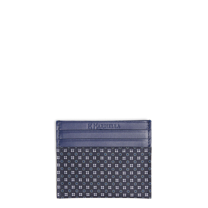 DARK BLUE SILK AND LEATHER CREDIT CARD HOLDER