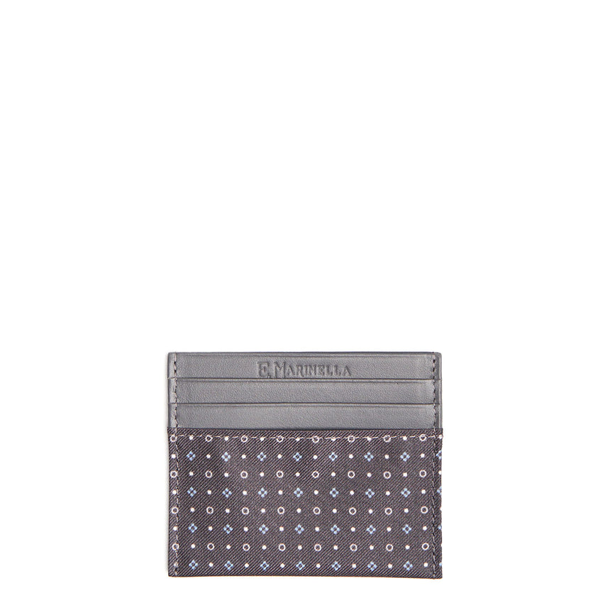 DARK GREY LEATHER AND SILK CREDIT CARD HOLDER