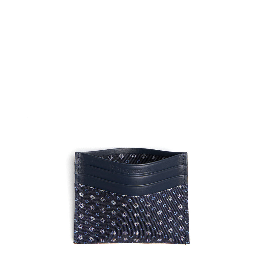 DARK BLUE SILK AND LEATHER CREDIT CARD HOLDER