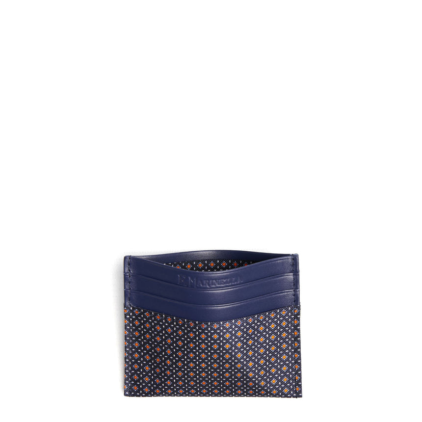 DARK BLUE SILK AND LEATHER CREDIT CARD HOLDER