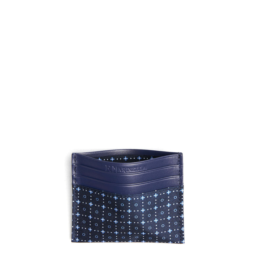 DARK BLUE SILK AND LEATHER CREDIT CARD HOLDER