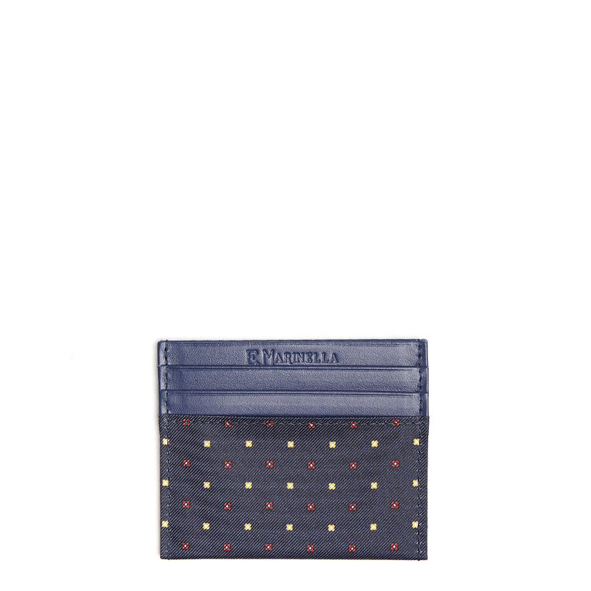 DARK BLUE SILK AND LEATHER CREDIT CARD HOLDER