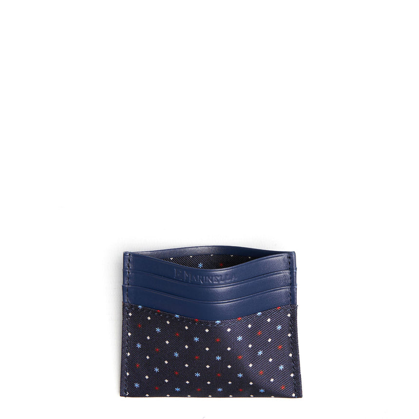 DARK BLUE SILK AND LEATHER CREDIT CARD HOLDER