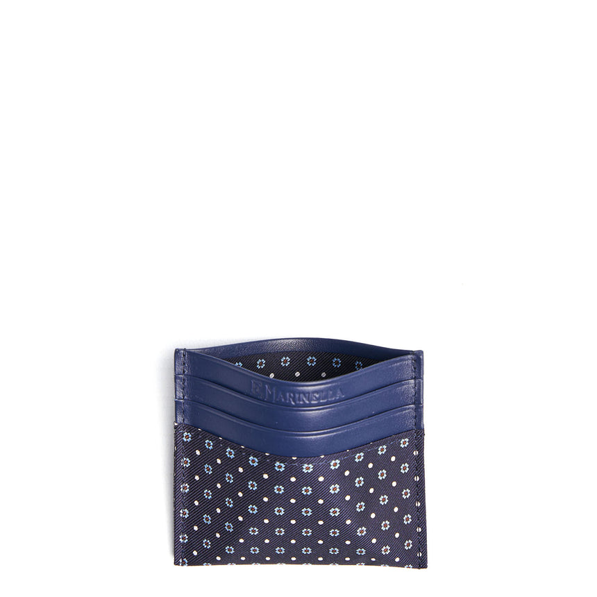 DARK BLUE SILK AND LEATHER CREDIT CARD HOLDER