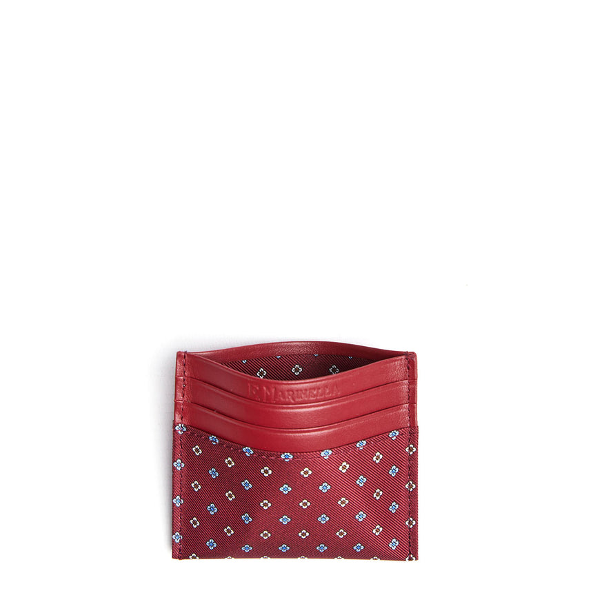 BURGUNDY LEATHER AND SILK CREDIT CARD HOLDER