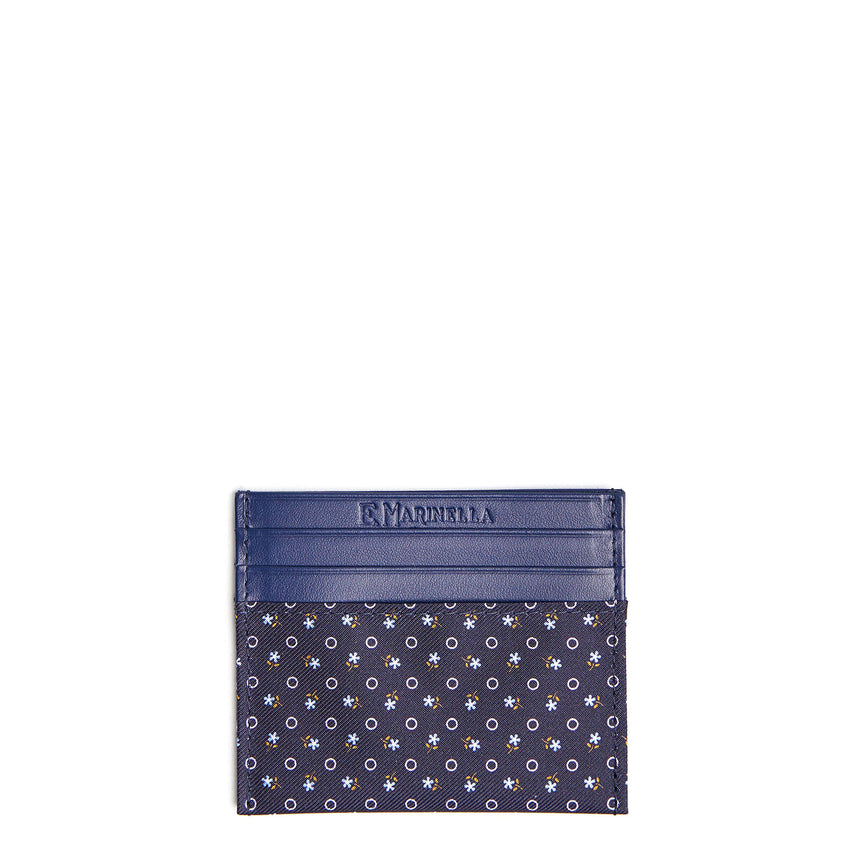 DARK BLUE SILK AND LEATHER CREDIT CARD HOLDER