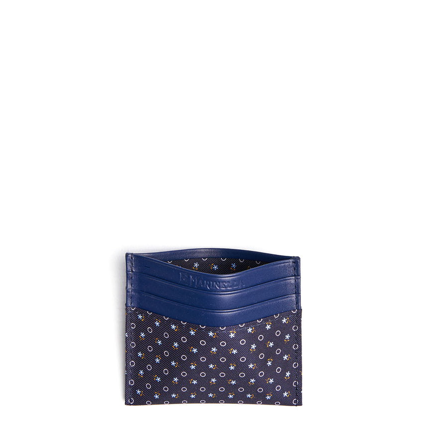 DARK BLUE SILK AND LEATHER CREDIT CARD HOLDER