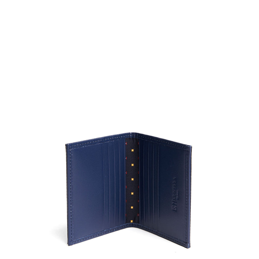 DARK BLUE SILK AND LEATHER FOLDING CARD HOLDER