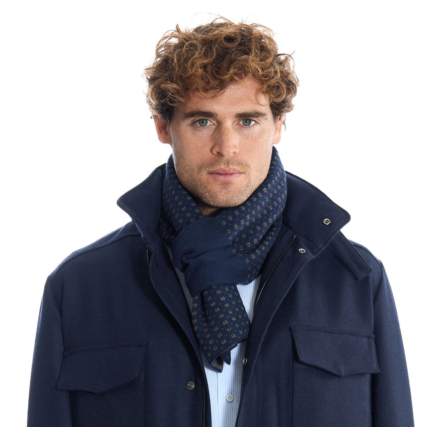 DARK BLUE AND BROWN NECK WARMER WITH MICRO PATTERN