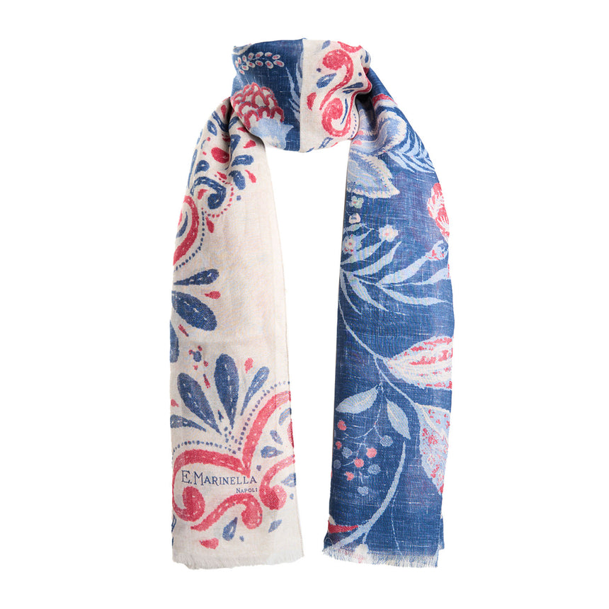 BLUE AND BEIGE COTTON AND LINEN SCARF